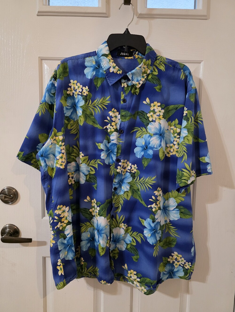 Jogal Size XXL Blue Floral Hawaiian-Style Short-Sleeve Button-Down Shirt